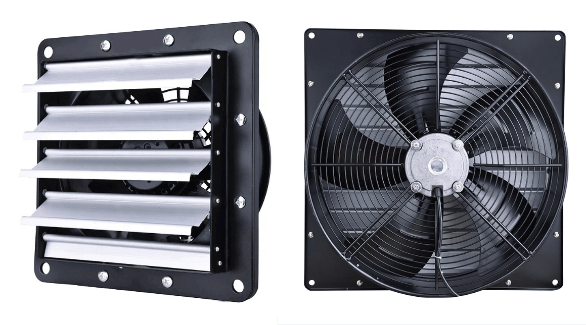 Осевой промышленный вентилятор с инерционными жалюзи Осевой промышленный вентилятор с жалюзи